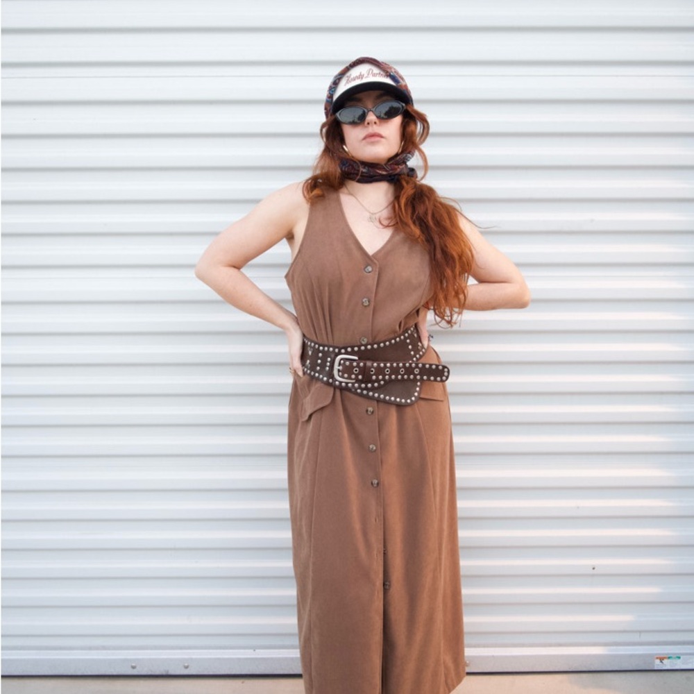 Vintage 90s Brown Sleeveless Button-Down Dress